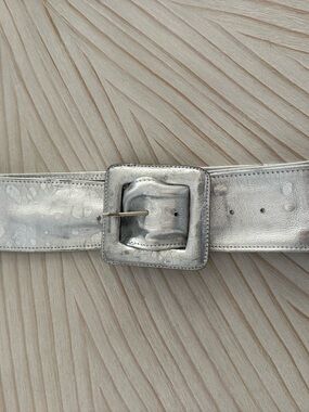 Silver Wide Leather Belt with Square Buckle